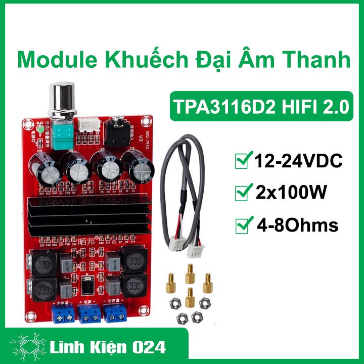 Module khuếch đại âm thanh TPA3116D2 HIFI 2.0 2*100W 12-24VDC 4-8 Ohms