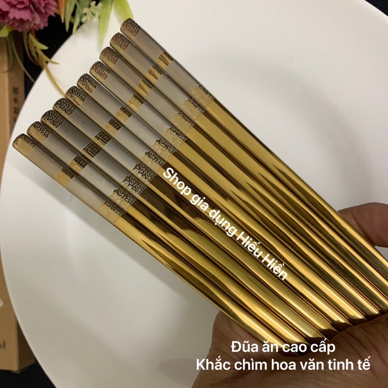 Bộ 5 Đôi Đũa Inox 304 mạ TITANIUM Vàng Sang Trọng -Khắc Hoa Văn Thanh Lịch -Chống Trượt Hiệu Qủa