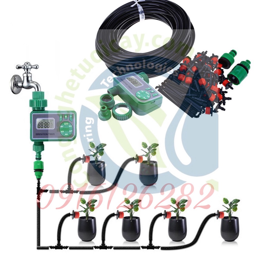Combo bộ tưới cây tự động gồm 20 đầu tưới nhỏ giọt, 20m dây dẫn nước, 01 đồng hộ đặt thời gian tưới tự động và phụ kiện
