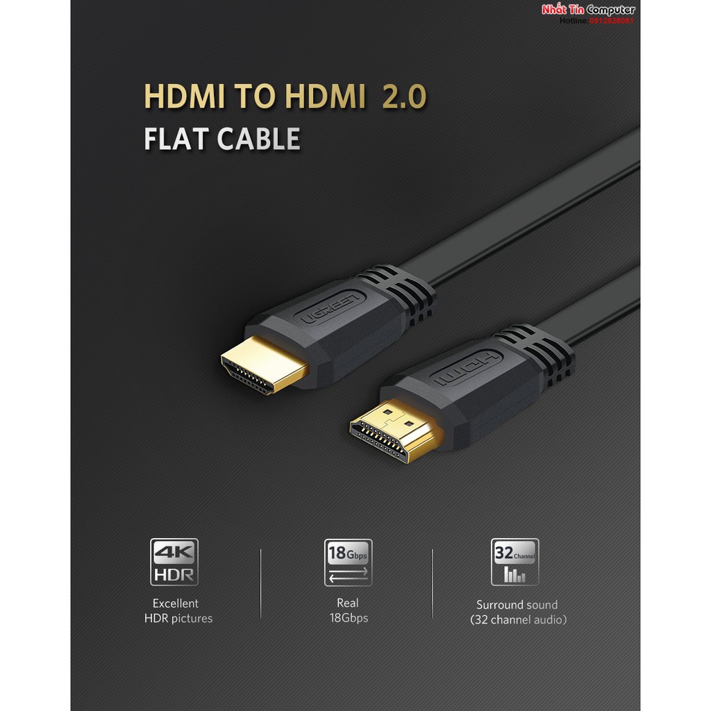 Cáp HDMI 2.0 dẹt dài 3m hỗ trợ 4K@60MHz chính hãng Ugreen 50820 cao cấp