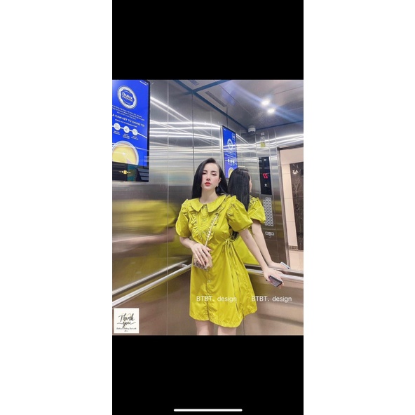 [10.10 Sales Freeship] Đầm tiểu thư nữ, đầm tay phồng cổ bèo phối nút, đầm suông sơ mi cột dây eo sang chảnh, dễ thương