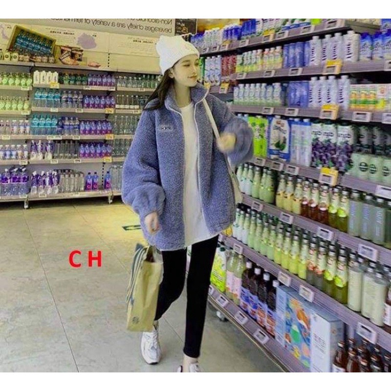 Áo Khoác Lông Cừu Ulzzang Mềm Mịn Ấm Áp 2 Màu Xanh Trắng (Tặng kèm dây cột tóc hoa cúc)
