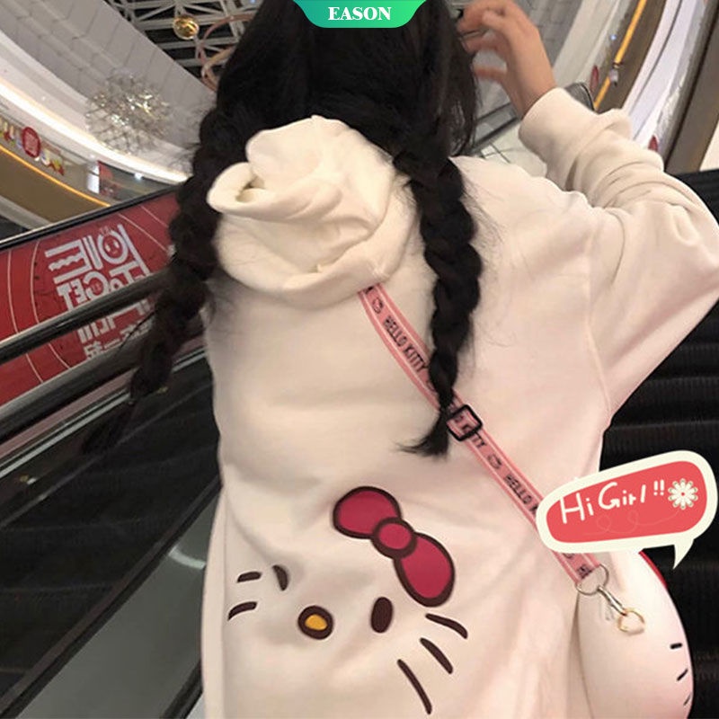 Áo hoodie mỏng màu trắng dáng rộng in hình Hello Kitty dễ thương có khóa kéo thời trang mùa thu cho nữ