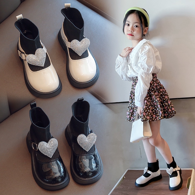 Giày Búp Bê Bé Gái Cổ Chun Len Dáng Bốt Gắn Nơ Tim Bằng Đá Lấp Lánh Phong Cách Hàn Quốc Cho Bé Gái 3 Tuổi Đến 10 Tuổi