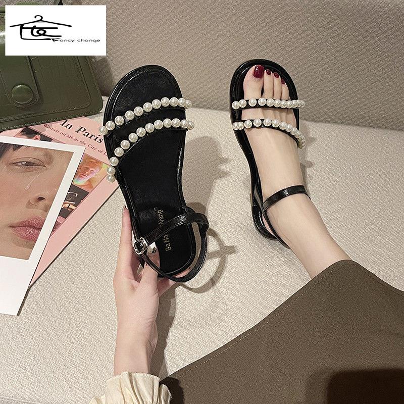 Giày Sandal Đế Bệt 2022 Đính Ngọc Trai Phong Cách La Mã Thời Trang Mùa Hè Hàng Mới Cho Nữ