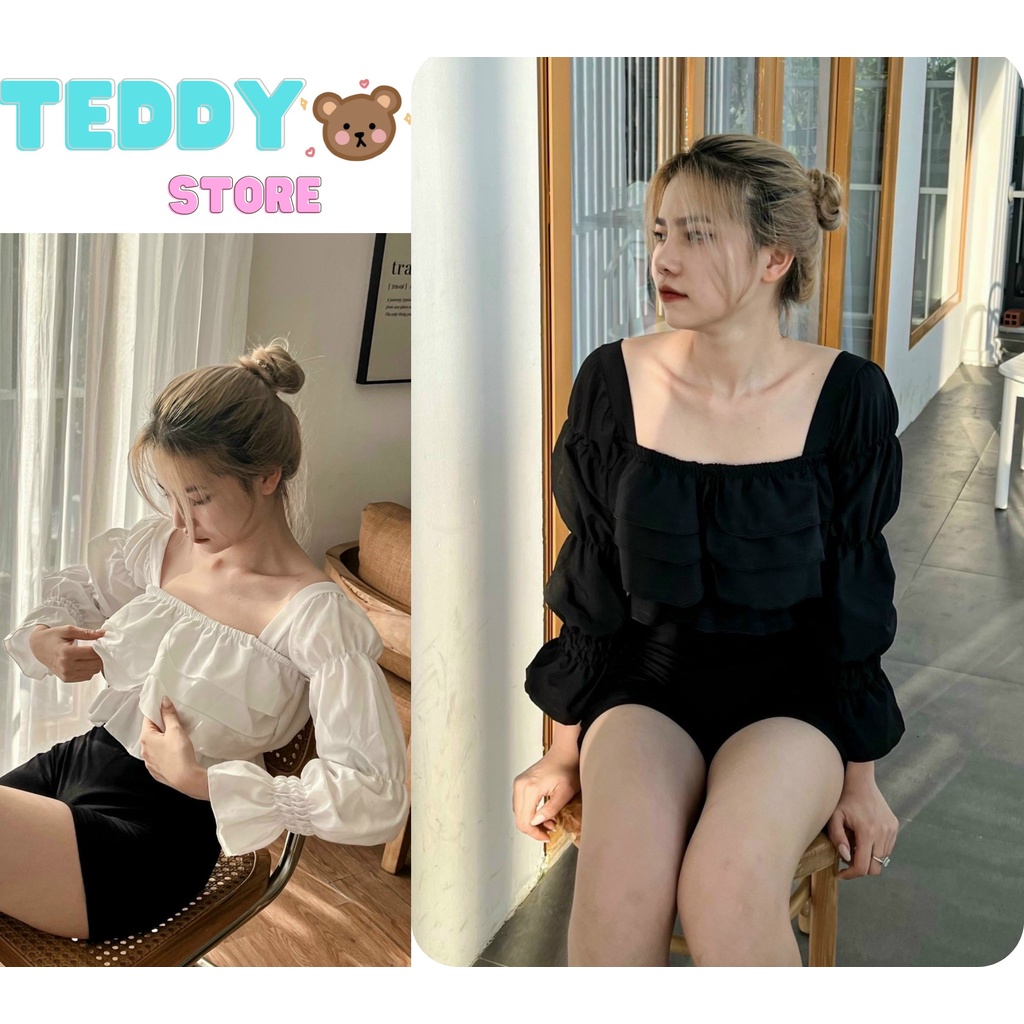 Áo Kiểu Nữ Cổ Vuông Tay Phồng Chất Liệu Mềm Mịn 🦋 Sẵn 2 Màu Đen -Trắng 🦋