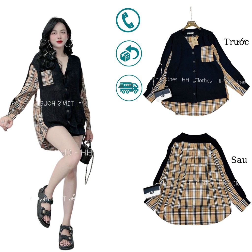 Áo sơ mi nữ form rộng HAVASA sơ mi tay dài nữ thiết kế mặt trước vải len mỏng, sau vải thô sọc caro MÃ LQS033