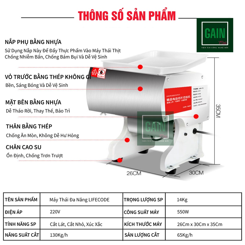 Máy Thái Thịt Tươi Sống Thịt Chín Đa Năng Chính Hãng LIFECODE, Công Suất 550W, BH 18 Tháng Đổi Lỗi 6 Tháng