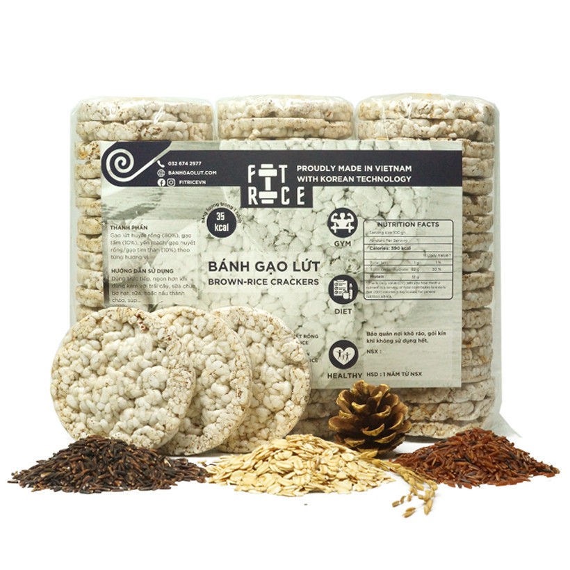 Bánh gạo lứt ăn kiêng FitRice - Hỗ trợ giảm cân, siết cơ, tập gym, eat clean (3 vị: Yến mạch, Huyết rồng, Tím than)