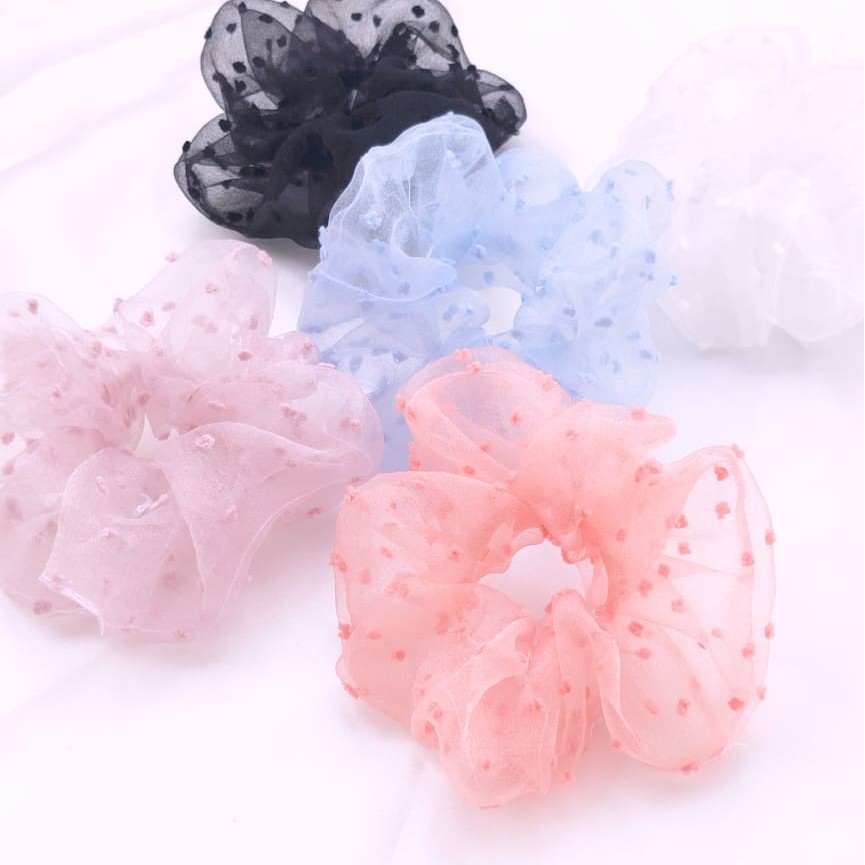 Dây buộc tóc scrunchies voan bông bi