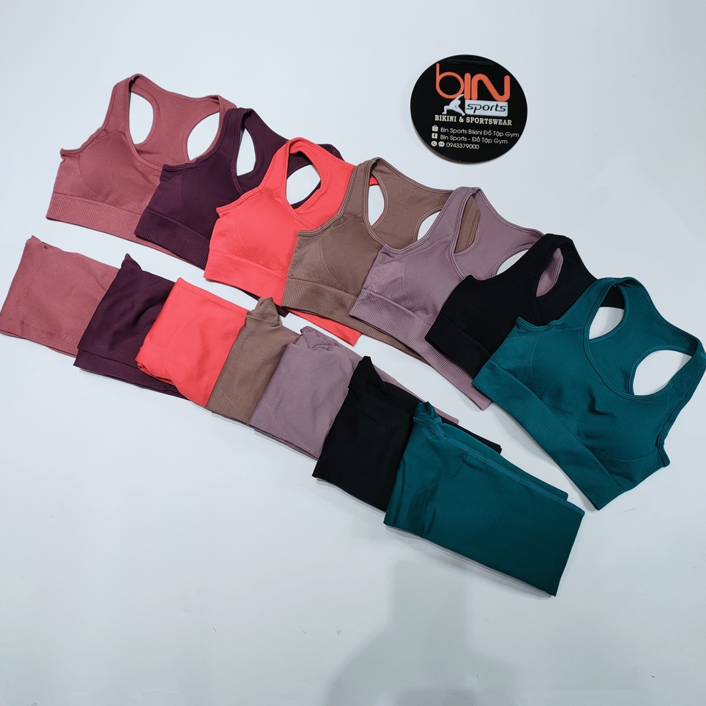 Đồ tập gym yoga nữ bộ dệt kim quảng châu cao cấp quần dài áo bra Bin Sport BD121 v2