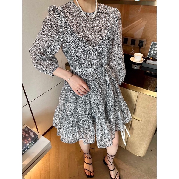 Đầm dáng xoè tay dài hoa nhí thương hiệu Maje cao cấp