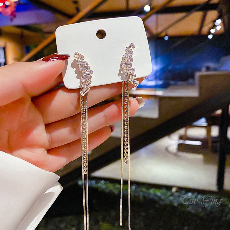 GETNOIVAS Bông Tai Dáng Dài Phối Tua Rua Bằng Bạc Zircon Thời Trang Cho Nữ