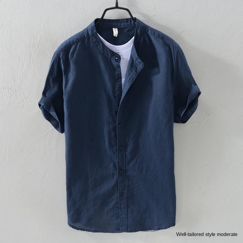 Áo Sơ Mi Nam Vải Lanh Cotton Mỏng Cổ Đứng Tay Ngắn Dáng Rộng Thoáng Khí Màu Xanh Dương Đậm Đơn Giản / * Kemeja Lengan Pendek Lelaki S Kolar Pendirian Nipis Bernafas Semua Pakaian Kapas Bir