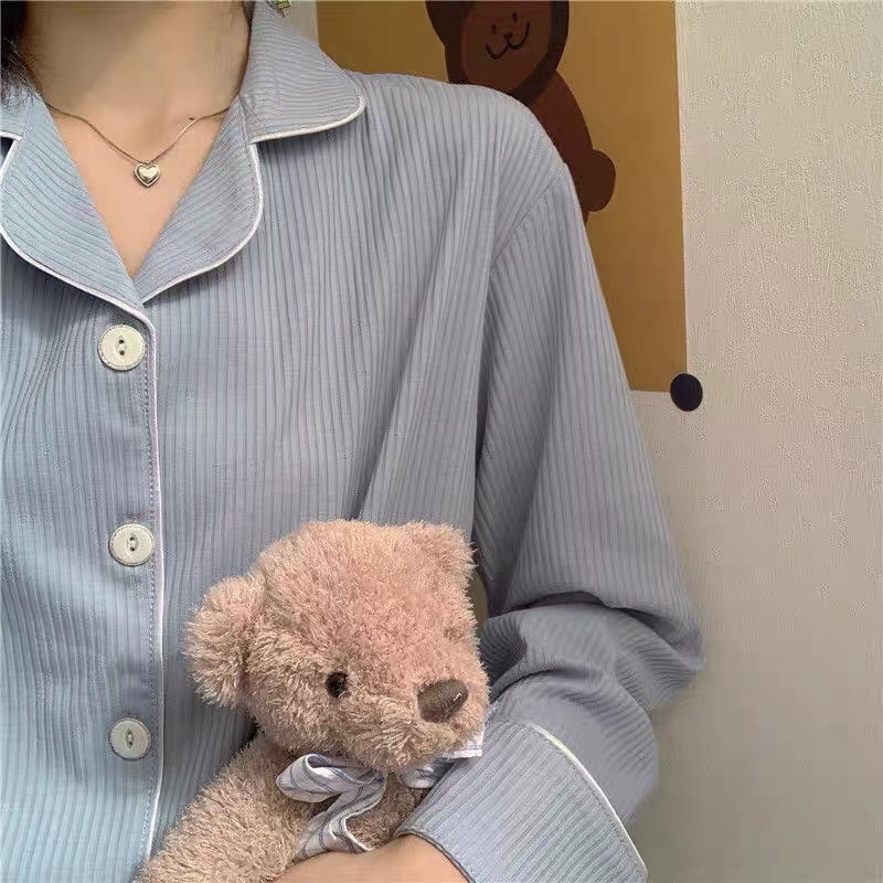Bộ ngủ / pijama thun gân màu xanh pastel phong cách hàn quốc dáng rộng thoải mái ( ảnh thật cuối ) CÓ SẴN
