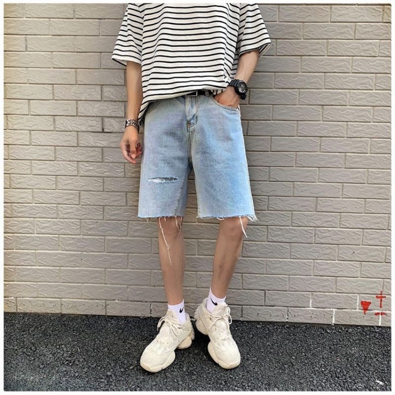 Quần short jean nam ống rộng màu xanh nhạt rách 02 Pon.mens