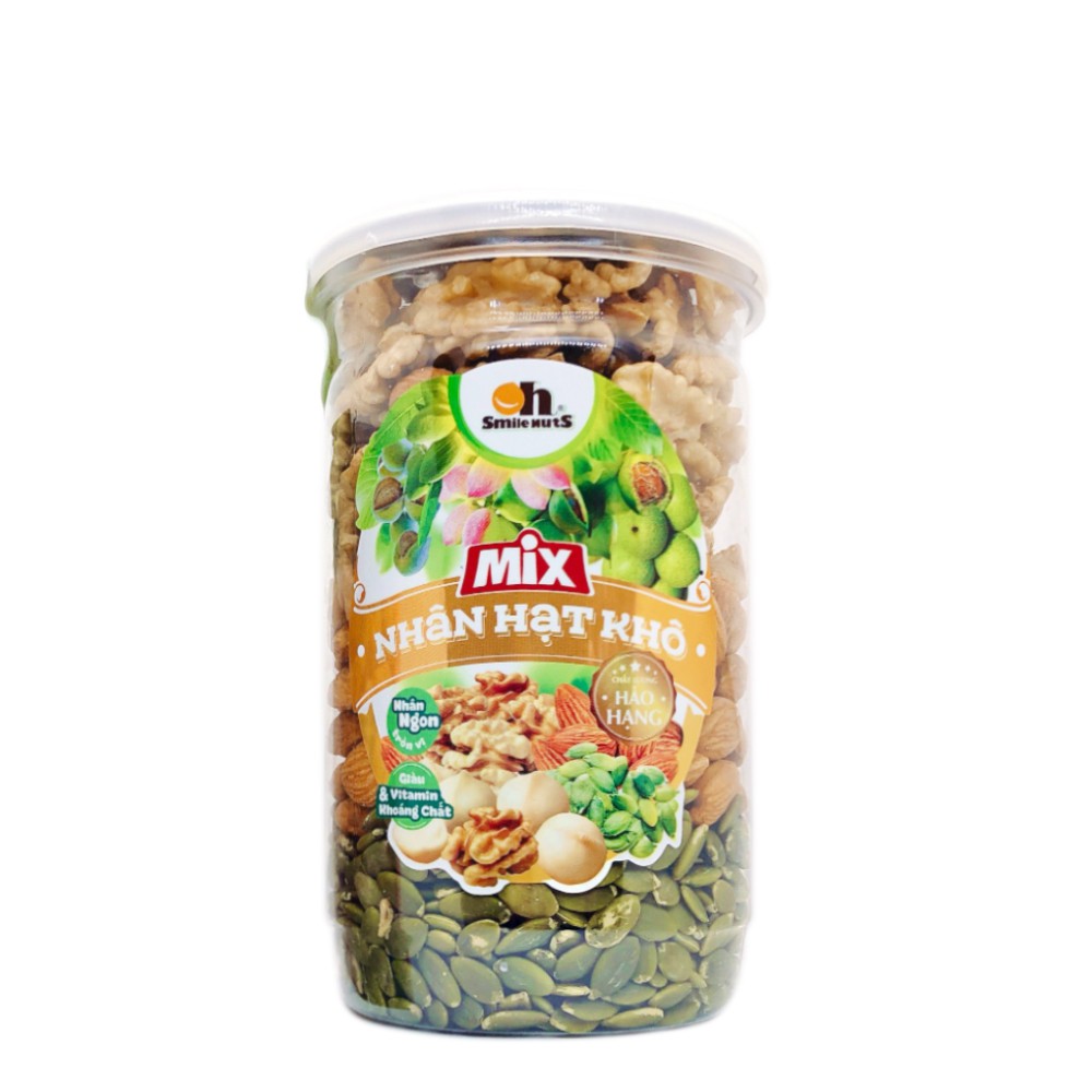 Mix Nhân Hạt Khô nhập khẩu Smile Nuts hộp 500g - Sản phẩm gồm Nhân Óc Chó, Hạnh Nhân tách vỏ đã nướng và nhân bí xanh