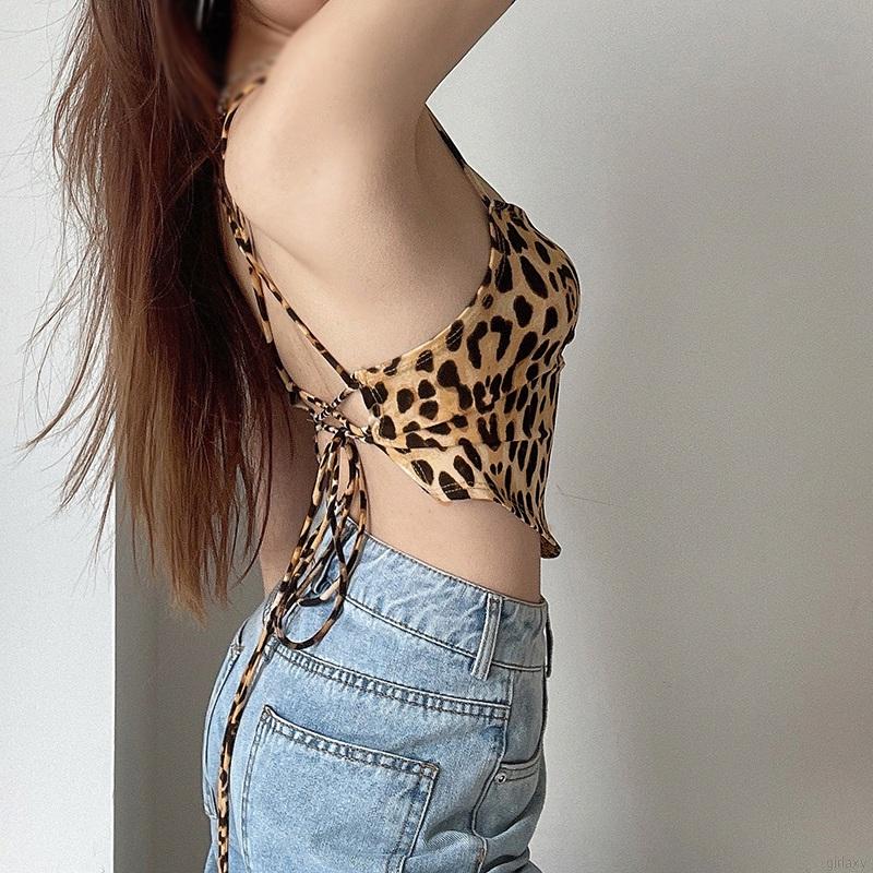 Áo lửng 2 dây hở lưng in họa tiết da báo thời trang Hàn Quốc cho nữ