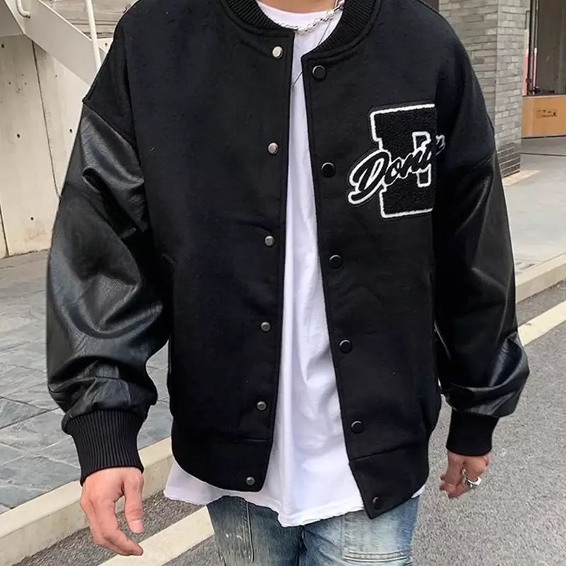 ÁO KHOÁC BOMBER KAKI PHỐI DA NAM NỮ T-A-N FORM RỘNG VAI SỆ-AKD8-hình thêu model shop màu đen