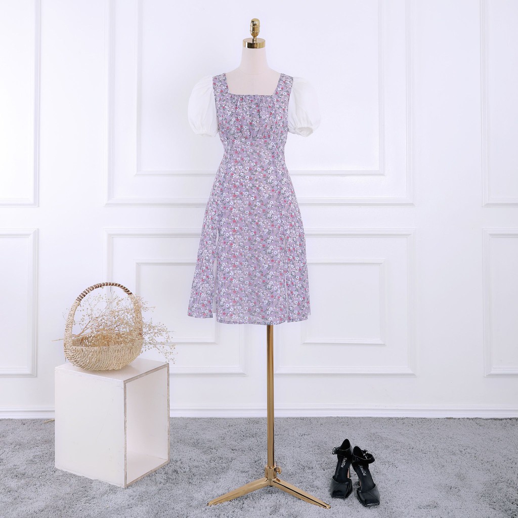 Đầm nữ voan hoa tay phối trắng thanh lịch - Váy nữ xẻ thiết kế xẻ vạt trước TK FASHION DK835