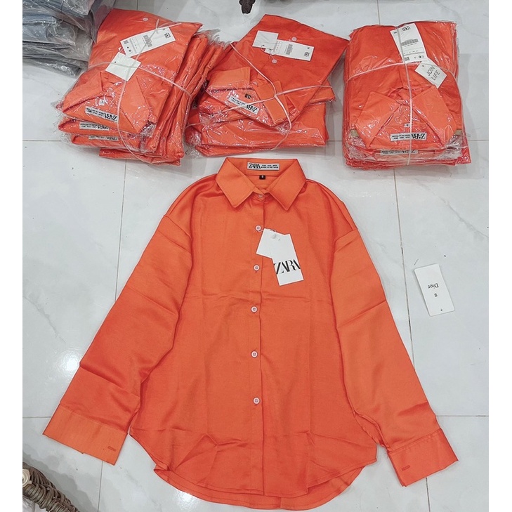 Áo sơ mi tuyết nhung cam form rộng