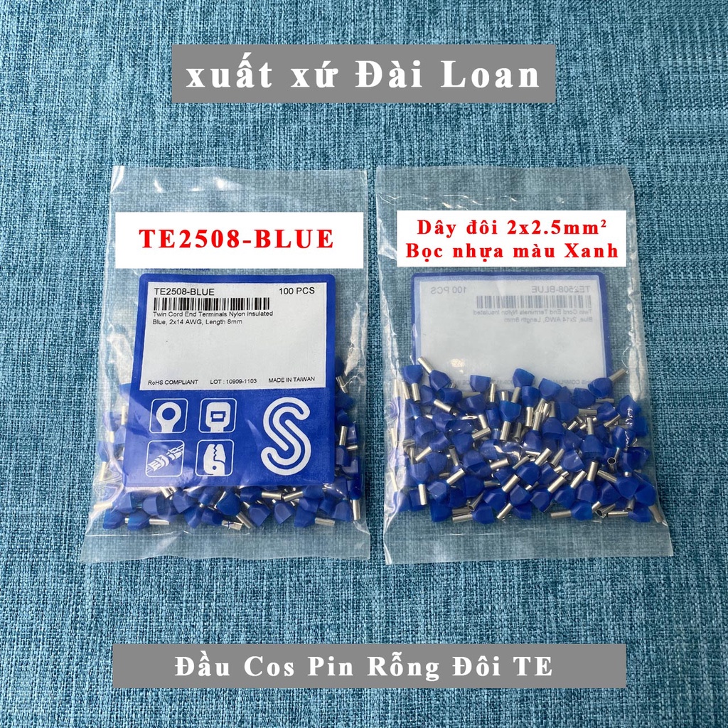 Đầu cos pin rỗng dây đôi TE cho dây tín hiệu 1.0~6.0mm2 bằng Đồng TE1008 - TE1508 - TE2508 - TE2512 - TE4012 - TE6014