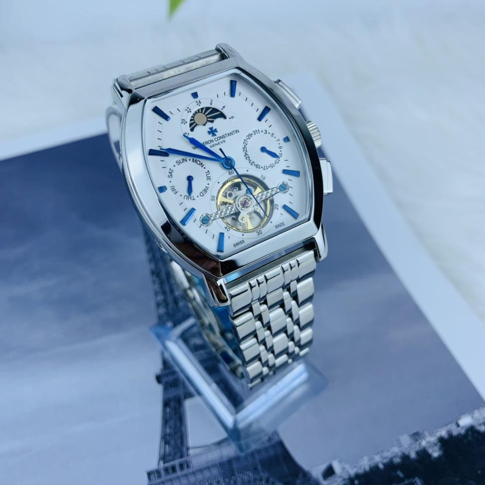 Đồng hồ Nam Vacheron máy nhật mẫu mặt vuông KIM XANH trắng dây thép dòng cơ Automatic size 40mm-41mm