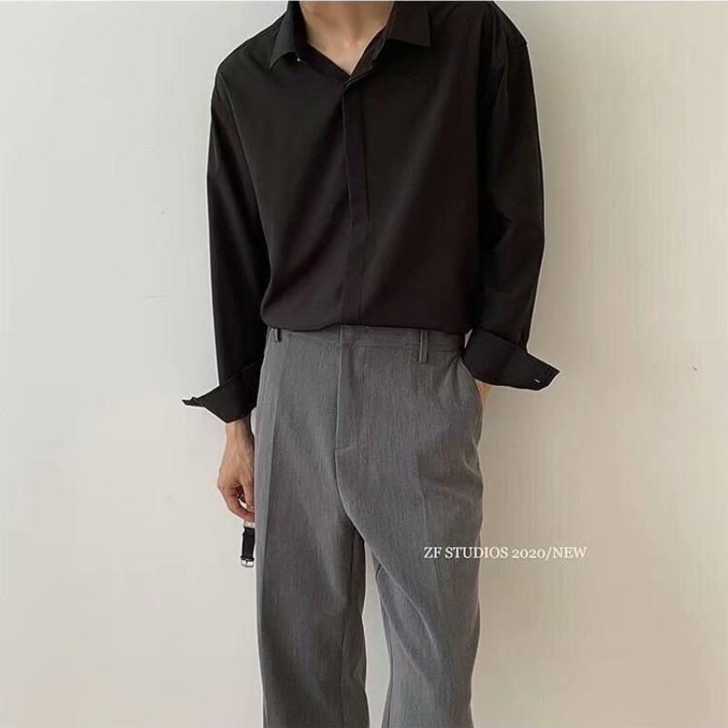 Áo Sơ Mi Tay Dài Dáng Rộng Màu Sắc Đơn Giản Thời Trang Cao Cấp Cho Nam