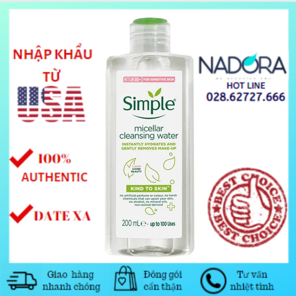 Nước Tẩy Trang Simple Dành Cho Da Nhạy Cảm- Kind To Skin Micellar Cleansing Water (200ml)