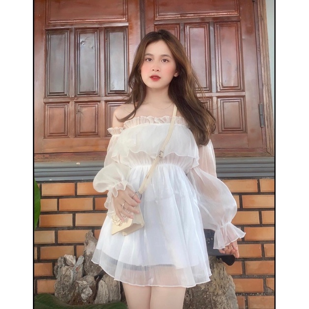 [VIDEO ẢNH THẬT] Váy Trễ Vai 2 Lớp Phong Cách Bánh Bèo Tiểu Thư Sang Đẹp- Váy Voan Nữ Tay Bồng