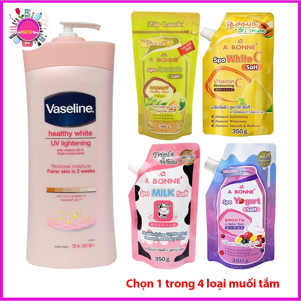 Dưỡng Thể VASELINE + Kem Dưỡng SNOW WHITE SECRET KEY + Muối Tẩy Tế Bào Chết A BONNE (COMBO)