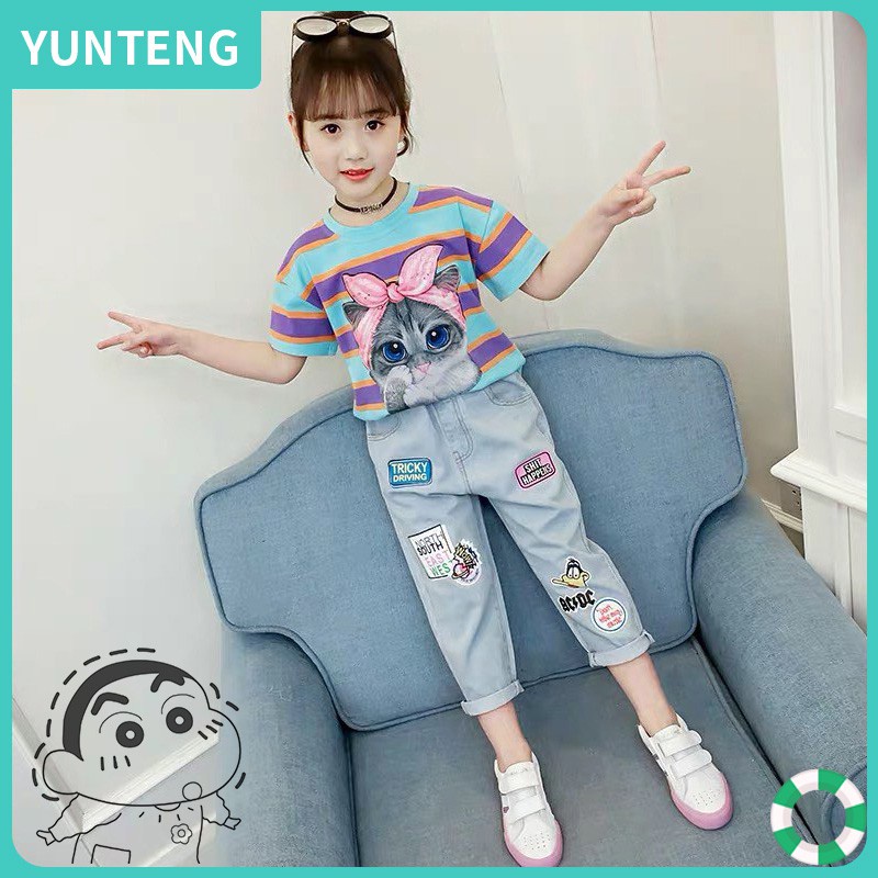Set Áo Thun In Hình Mèo Dễ Thương + Quần Jean Thời Trang Mùa Hè Cho Bé Gái