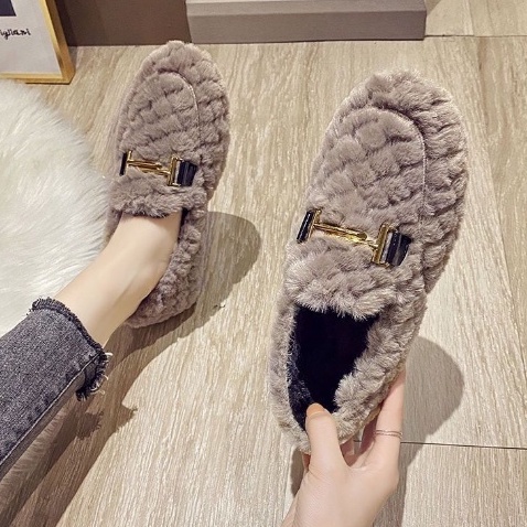 Giày Bông Nữ Mang Mùa Đông Ấm Chân Chống Trơn Trượt - Giày Búp Bê Lông Dễ Thương