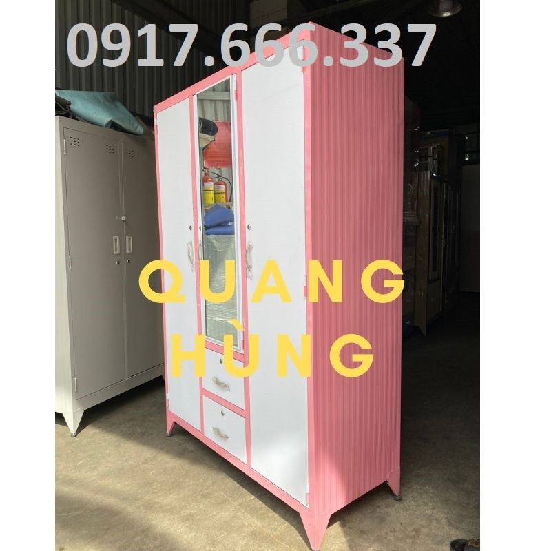 Tủ  sắt đựng quần áo  3 cánh 2 ngăn sơn tĩnh điện màu hồng giá rẻ