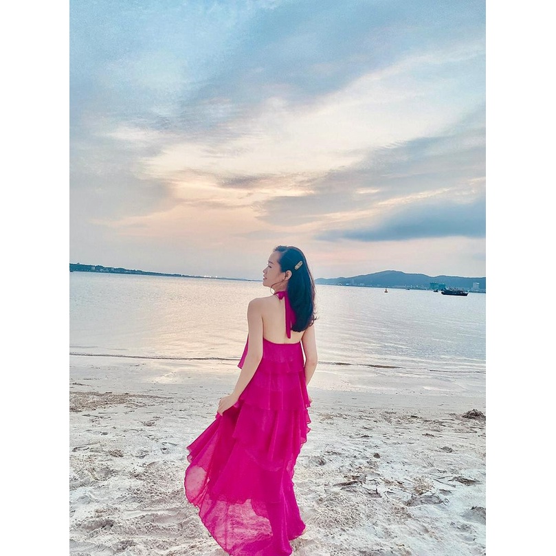 Đầm maxi cổ yếm đính hoa nối tầng thắt nơ đi biển  Váy đi chơi biển du lịch 2 lớp giá rẻ G5