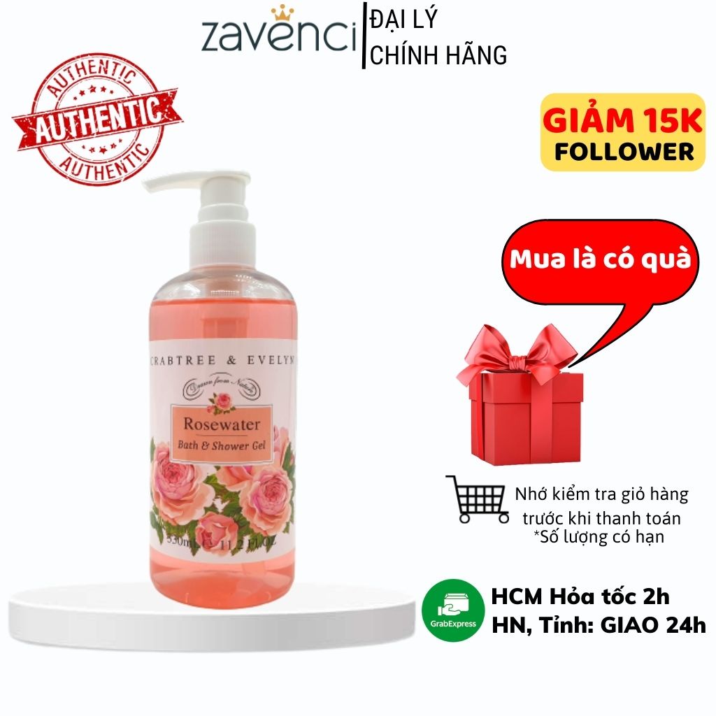 Sữa Tắm CRABTREE &amp; EVELYN Dưỡng Da Trắng Sáng Mềm Mịn Hương Hoa Hồng Tự Nhiên (330ml)