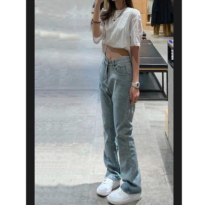 American high street fluorescent embroidery slim micro horn jeans women's fashion hip hop accumulation feeling plus pants fashion