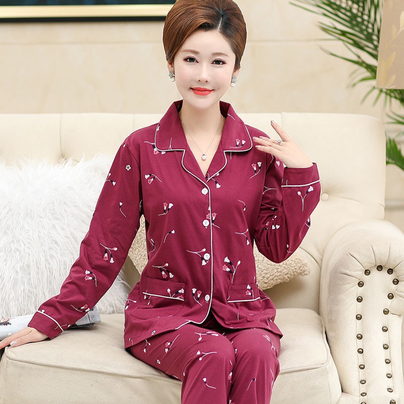 Đồ lót▫Bộ đồ ngủ dành cho người trung niên và cao tuổi cotton mùa thu bà mẹ plus size dài tay chồng phục vụ tại