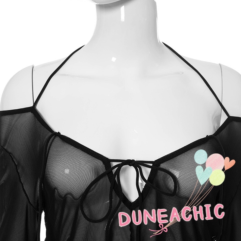 DUNEA Áo Kiểu Tay Dài Phối Lưới Xuyên Thấu Quyến Rũ Cho Nữ