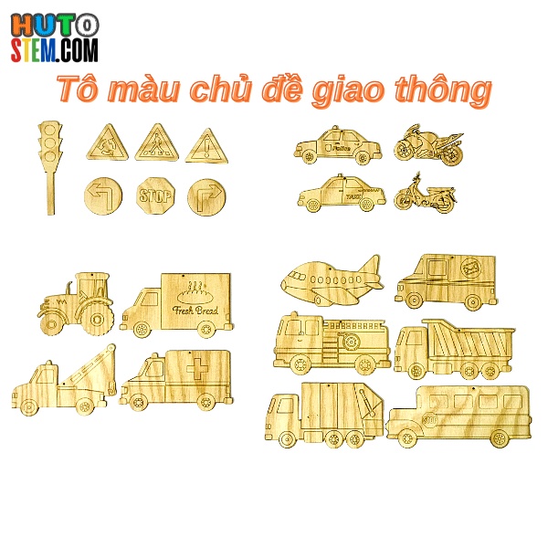Set Tô Màu Chủ Đề Giao Thông, Tranh Tô Màu Gỗ