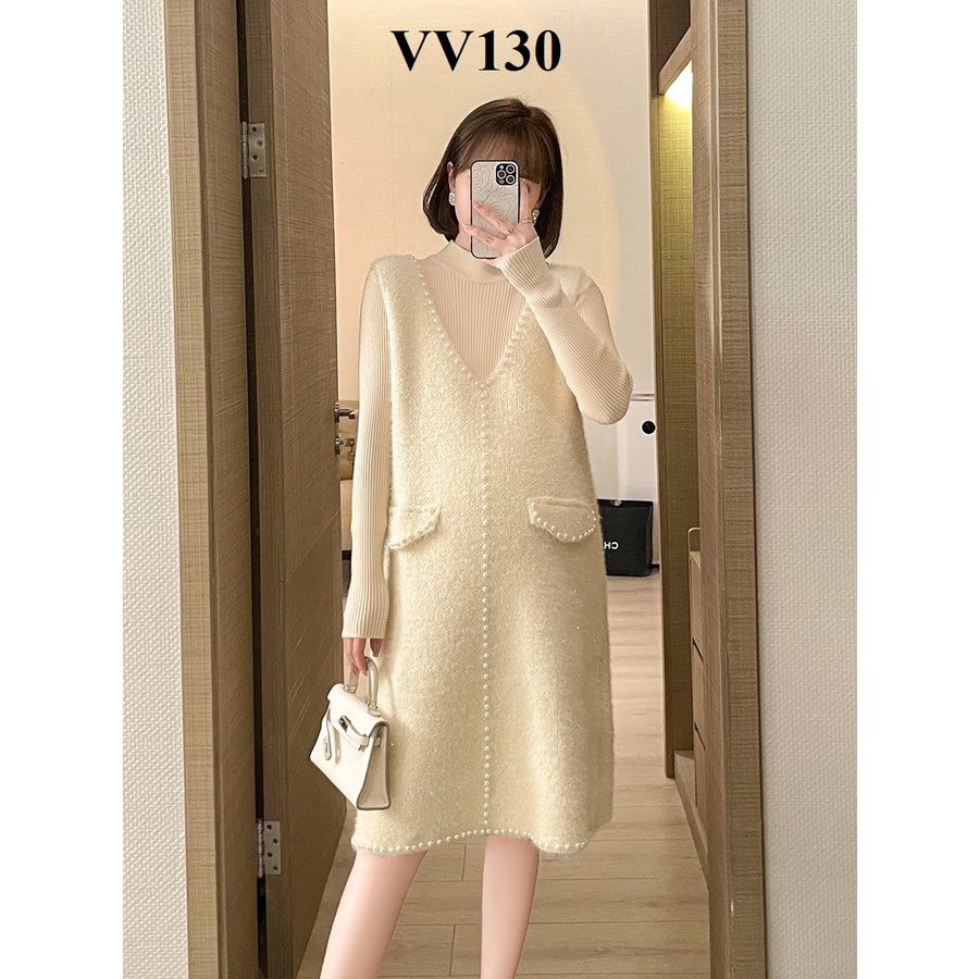 Set đầm Len Bầu Tay Dài  đính hạt hàng Quảng Châu CC siêu xinh