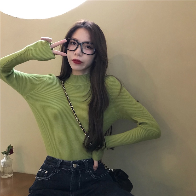 Áo sweater Zhelihangfei dệt kim ôm dáng dài tay cổ lọ trẻ trung cho nữ