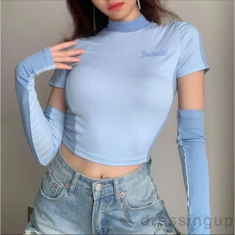Áo croptop kiểu ngắn nữ tay ngắn trơn cổ tròn ôm body có kèm bao tay - Order taobao quảng châu