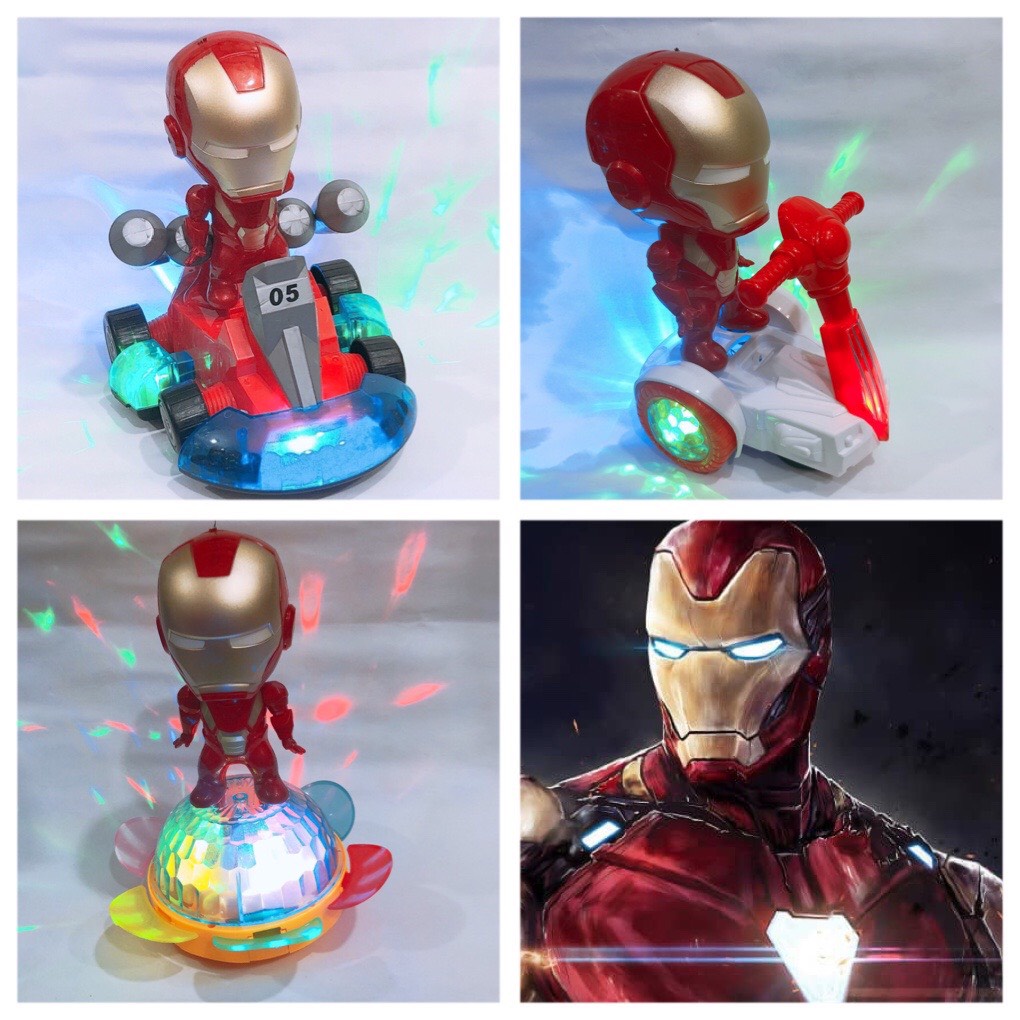 [Đèn nhạc, Xe Tự lái] Đồ chơi xe siêu anh hùng avenger tự lái, xoay, đèn chiếu cho bé ironman người sắt