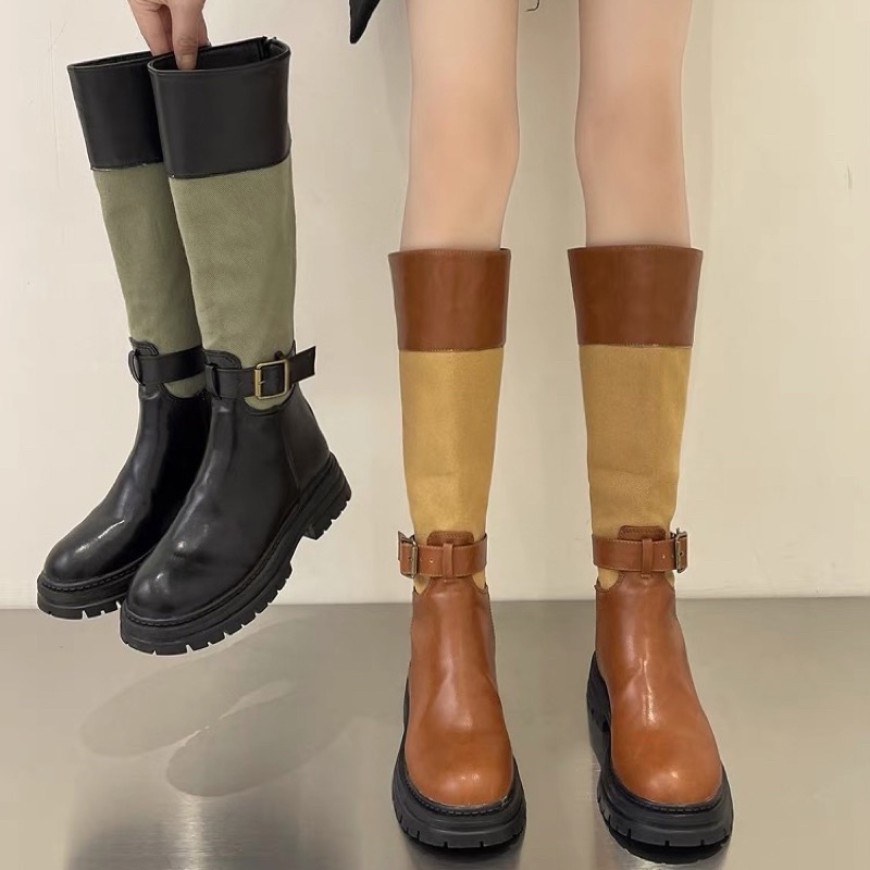 Boots nữ cổ cao dưới đầu gối đan phối màu đế dày 5cm không khoá