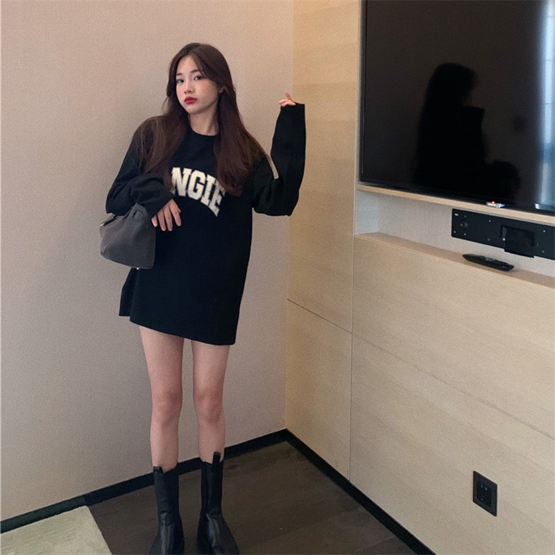 Áo thun tay dài dáng rộng in chữ phong cách Hàn Quốc thời trang cho nữ