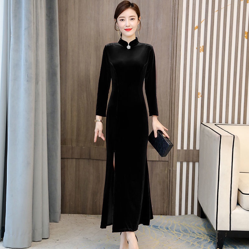 Sườn Xám Cách Tân Vải Nhung Tay Lỡ Thời Trang Xuân Thu