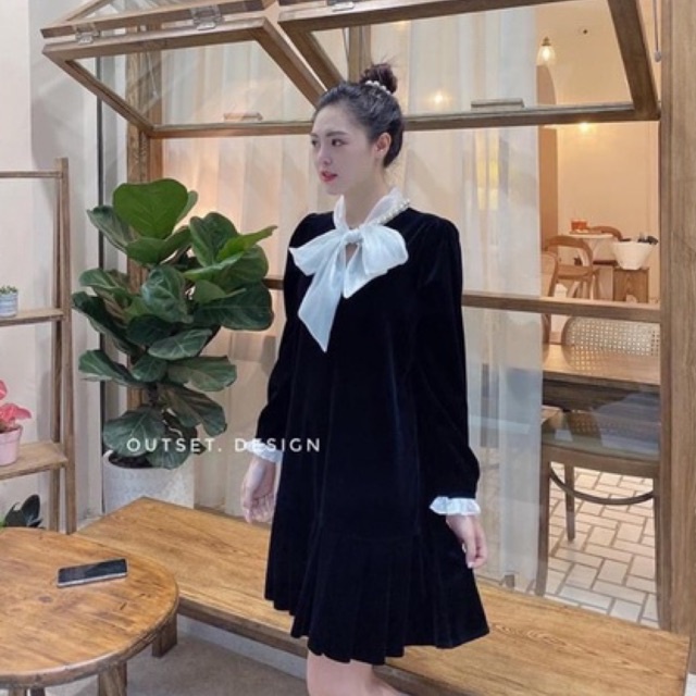 Váy đầm nhung suông đuôi cá tay bồng phối tơ nơ ngực đính ngọc siêu xinh l1