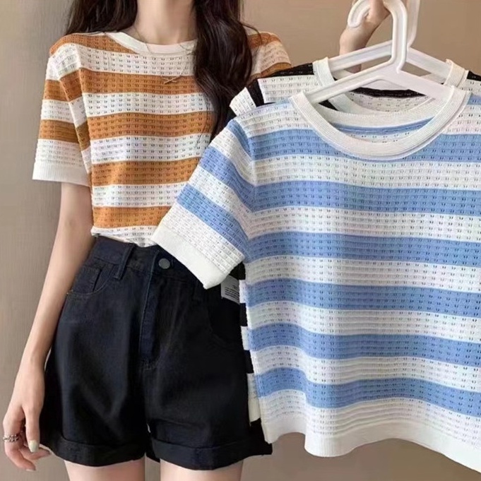 Porozi Áo nữ dệt kim tay ngắn họa tiết kẻ sọc thời trang mùa hè Hàn Quốc