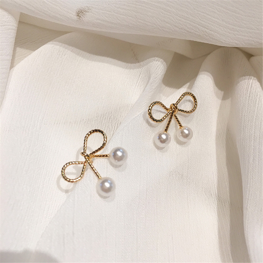 Bông Tai Nơ Đính Ngọc Trai Nhân Tạo Xinh Xắn Cho Nữ